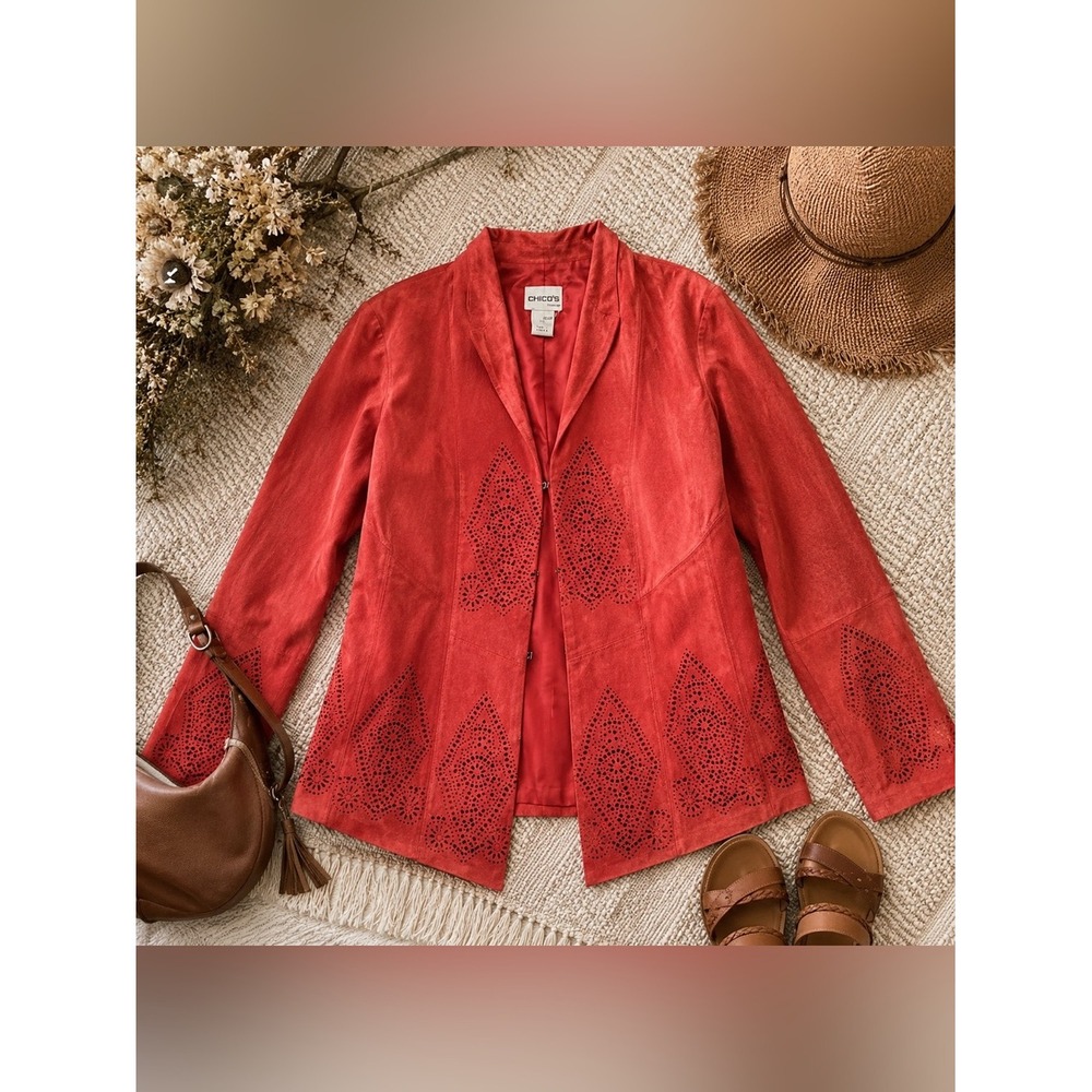CHICOS LEATHER SUEDE JACKET RED LASER CUT BOHO WESTERN COAT - SIZE 2 (Large)